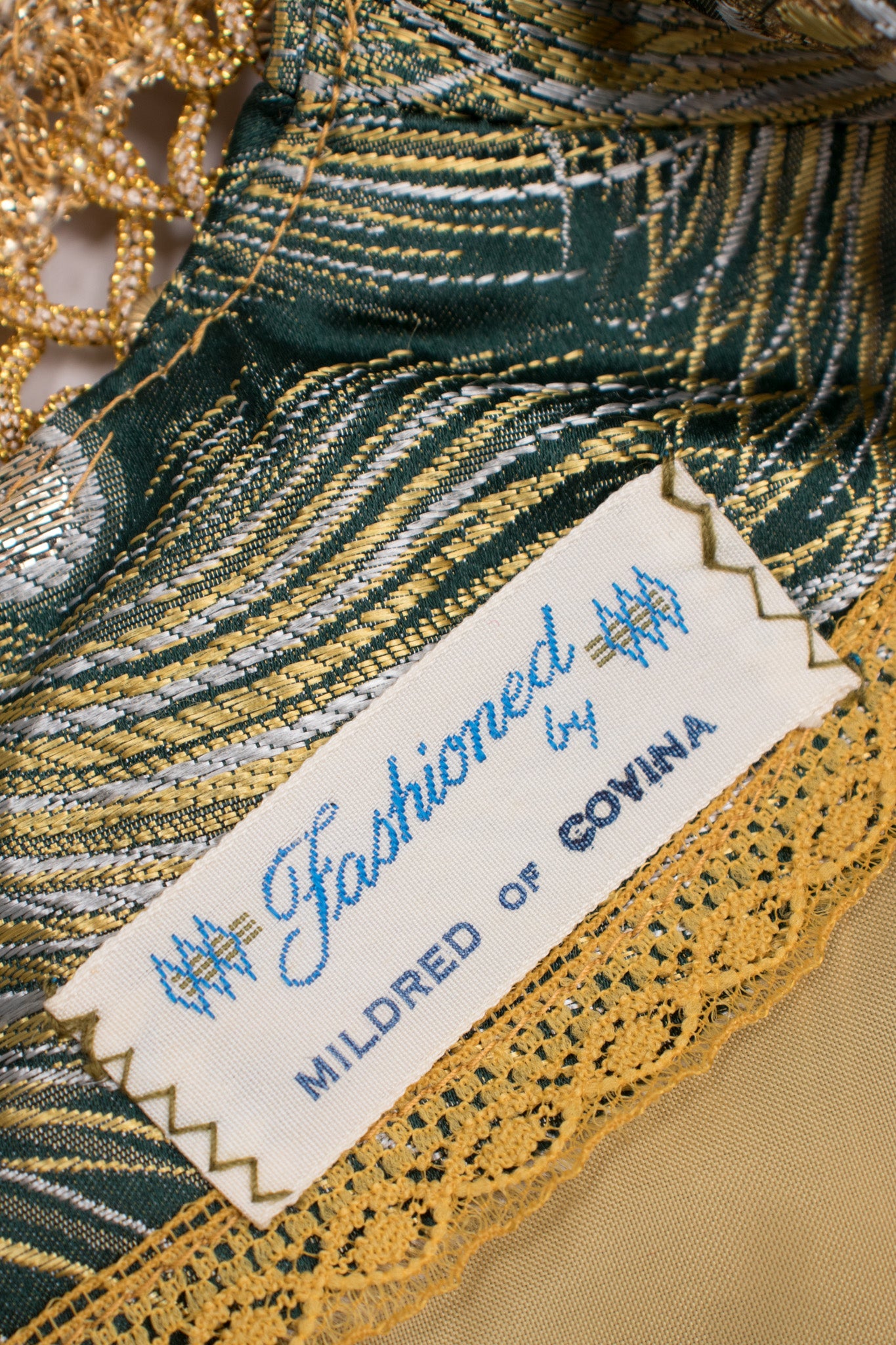 Fashioned by Mildred of Covina Emerald Gold Metallic Brocade Peacock Dress