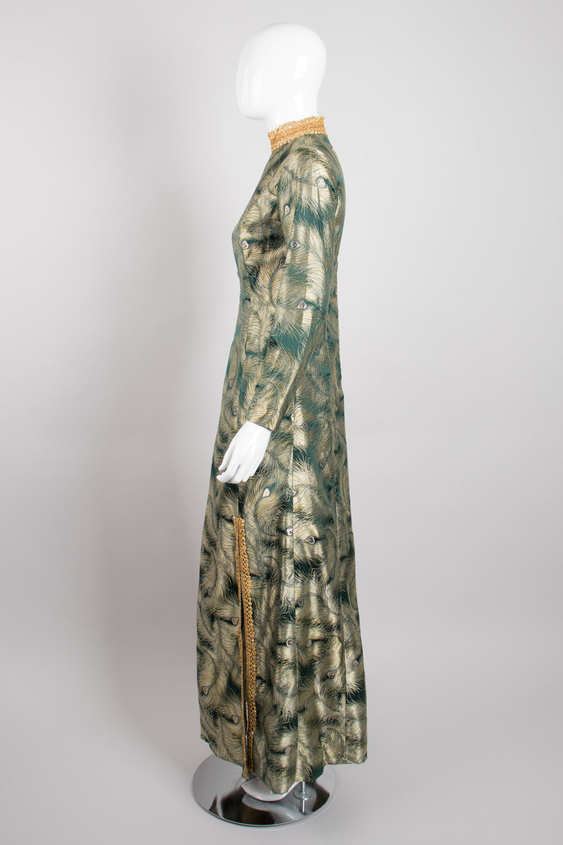 Fashioned by Mildred of Covina Emerald Gold Metallic Brocade Peacock Dress Recess Fashioned by Mildred of Covina Emerald Gold Metallic Brocade Peacock Dress Recess