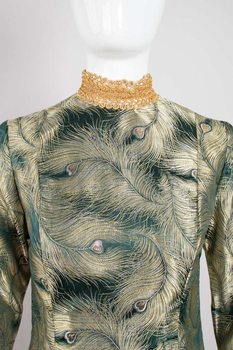 Fashioned by Mildred of Covina Emerald Gold Metallic Brocade Peacock Dress Recess Fashioned by Mildred of Covina Emerald Gold Metallic Brocade Peacock Dress Recess