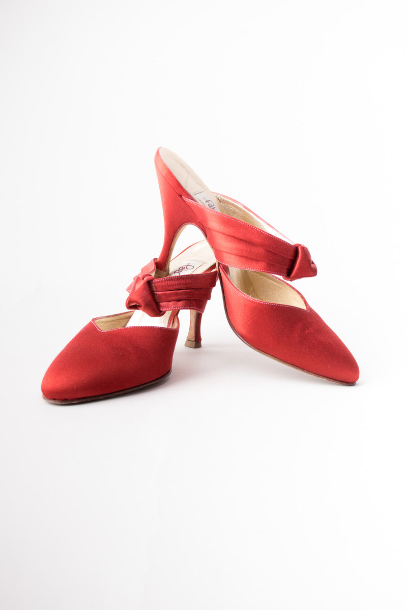 Peter Fox Knot Red Satin Almond Toe Heeled Mules