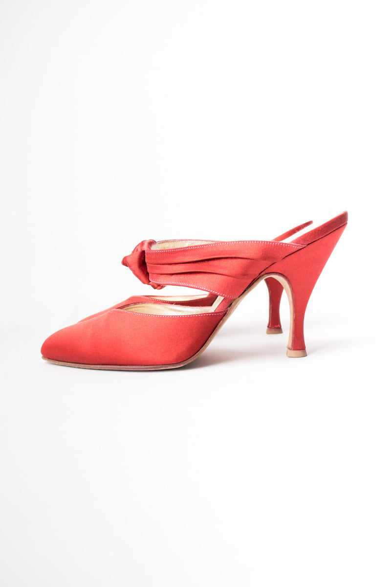 Peter Fox Knot Red Satin Almond Toe Heeled Mules