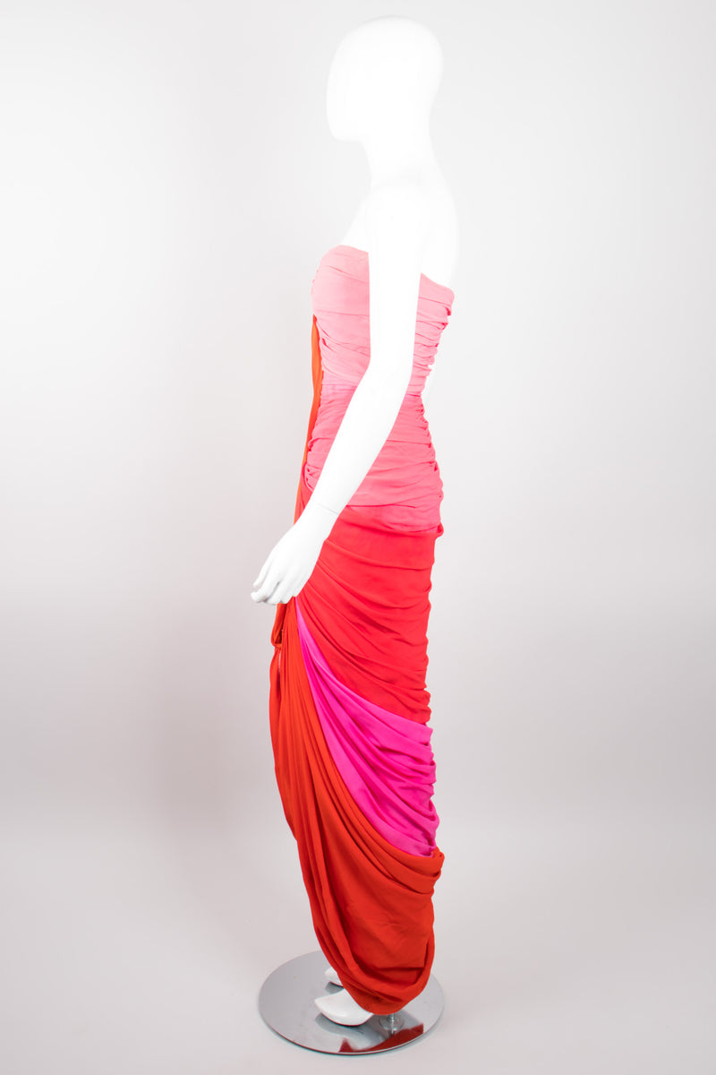 Vintage Silk Chiffon Strawberry Shortcake Ombre Ruched Gown & Shawl