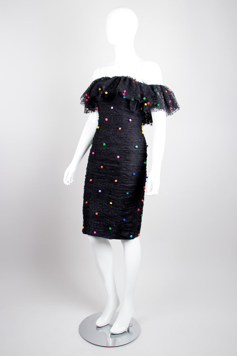 Victor Costa Vintage Mesh Ruched Rainbow Pom Pom Prom Dress