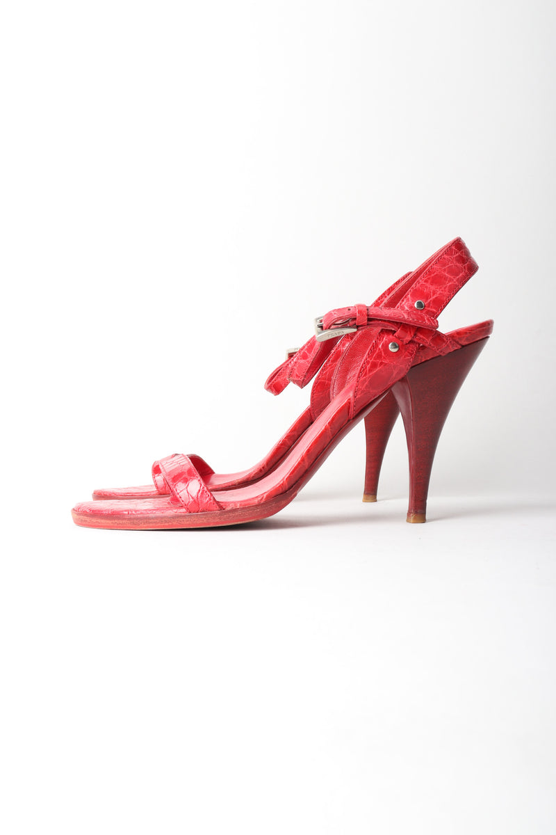 Prada Red Ankle Strap Crocodile Leather Heels