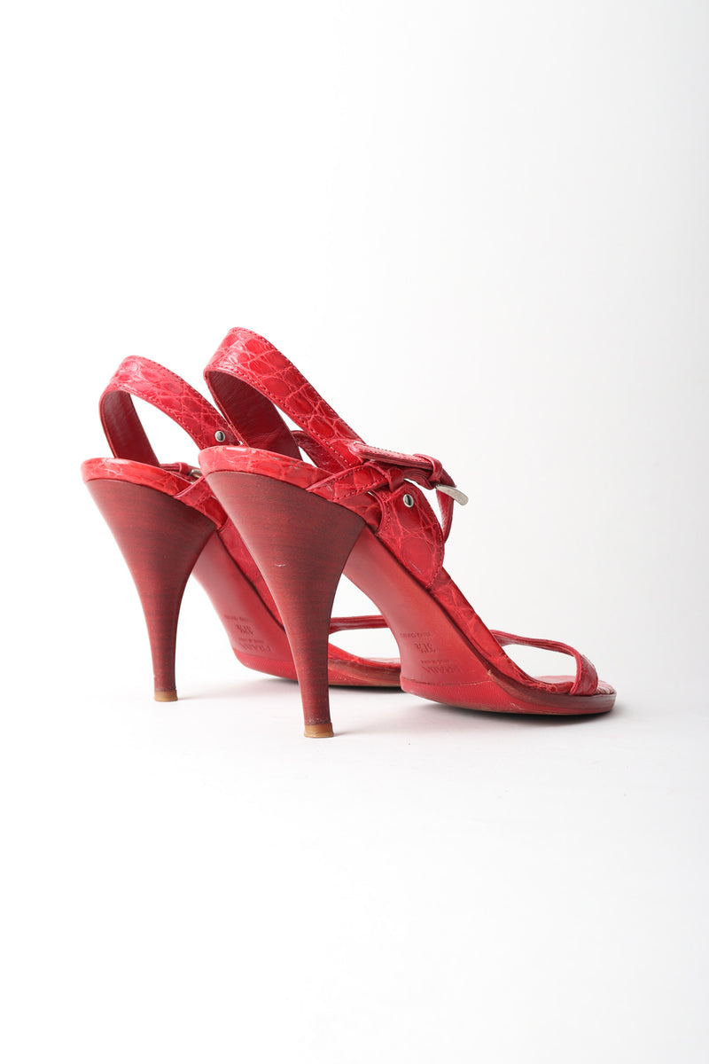 Prada Red Ankle Strap Crocodile Leather Heels