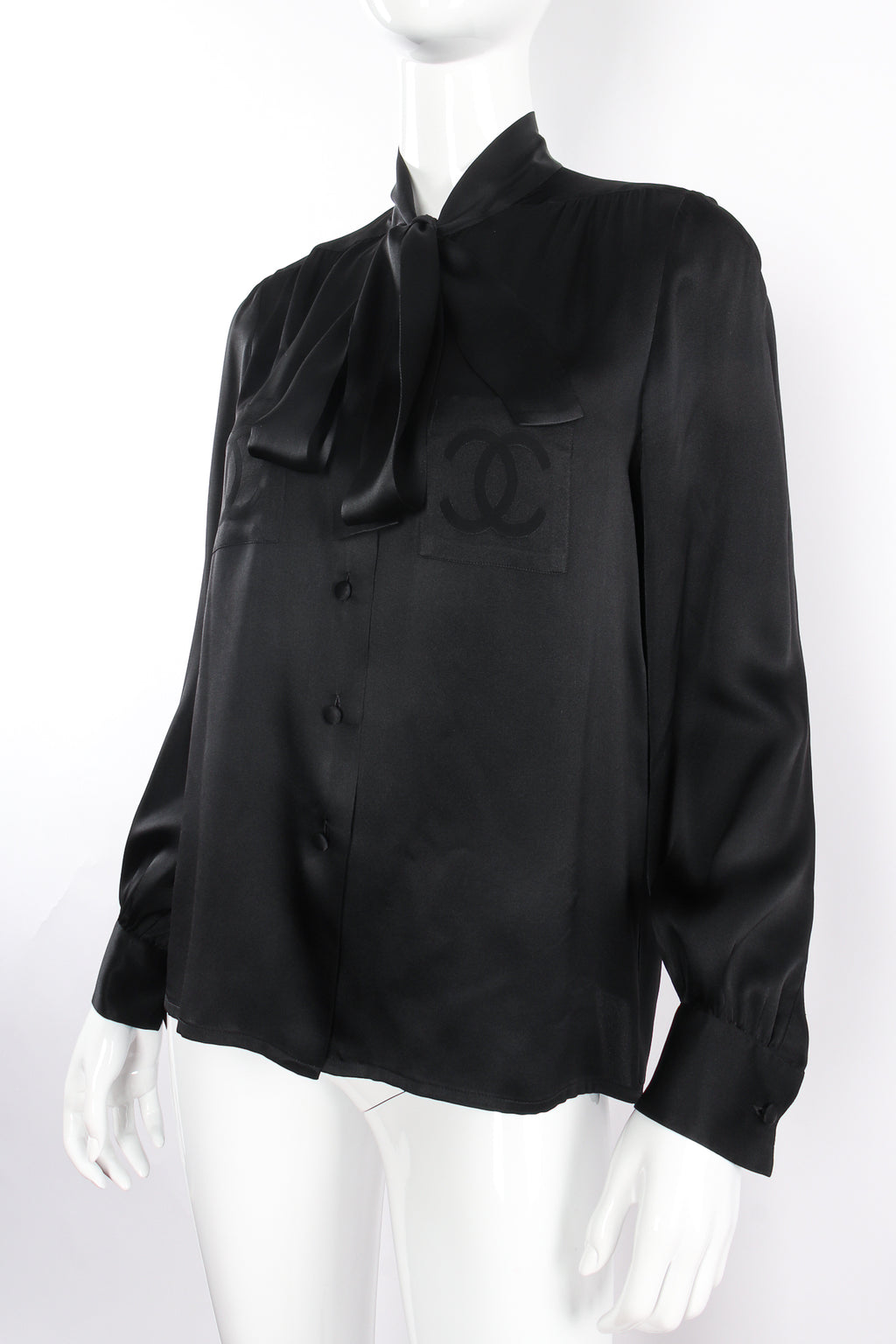 Chanel Vintage CC Logo Monogram Silk Bow Tie Button Down Blouse Top –  Amarcord Vintage Fashion