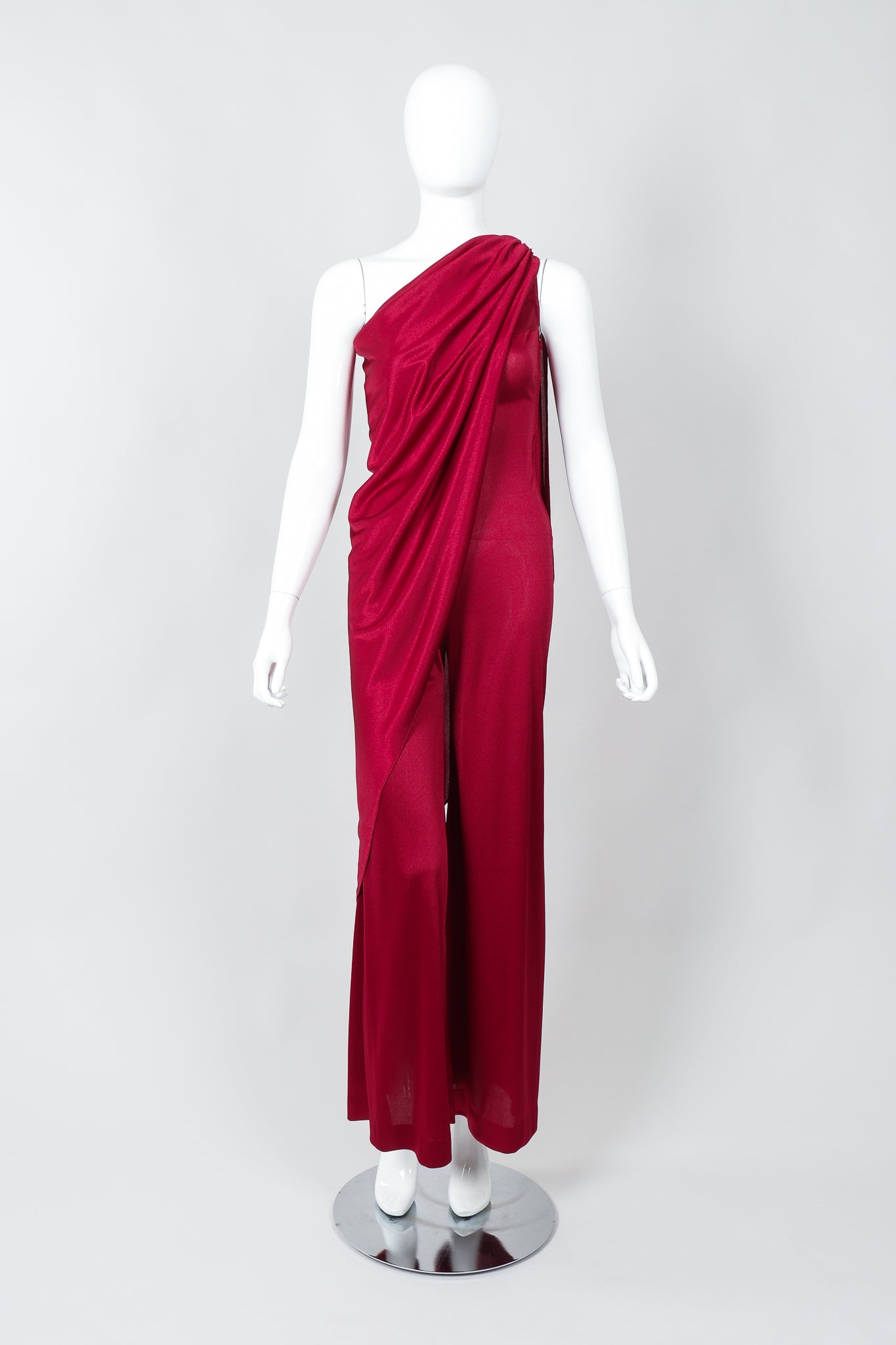 Vintage Frederick's of Hollywood Cranberry Draped Jersey Jumpsuit on Mannequin Frontat Recess