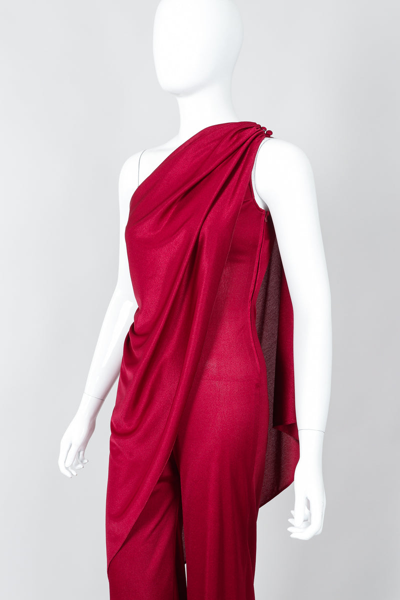 Vintage Frederick's of Hollywood Cranberry Draped Jersey Jumpsuit on Mannequin Angled at Recess