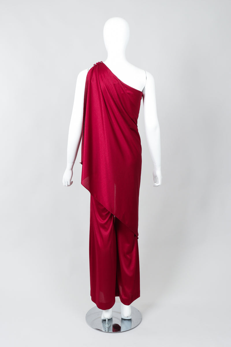 Vintage Frederick's of Hollywood Cranberry Draped Jersey Jumpsuit on Mannequin Back at Recess
