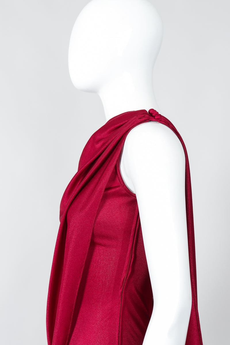 Vintage Frederick's of Hollywood Cranberry Draped Jersey Jumpsuit on Mannequin SHoulder at Recess