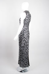 Scala Silk Sequin Swirl Mandarin Mock Neck Column Sheath Dress