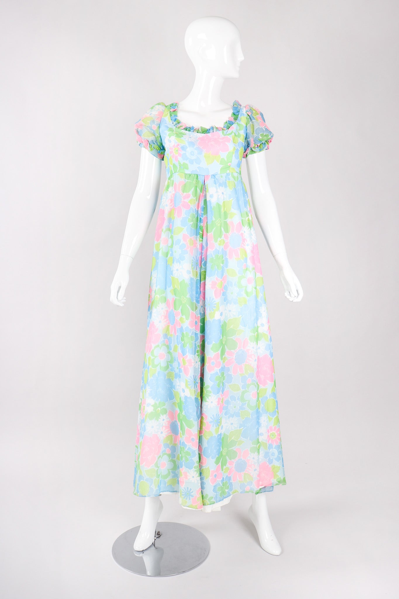 Recess Los Angeles Vintage Neon Blue Floral Chiffon Wide Leg Jumpsuit