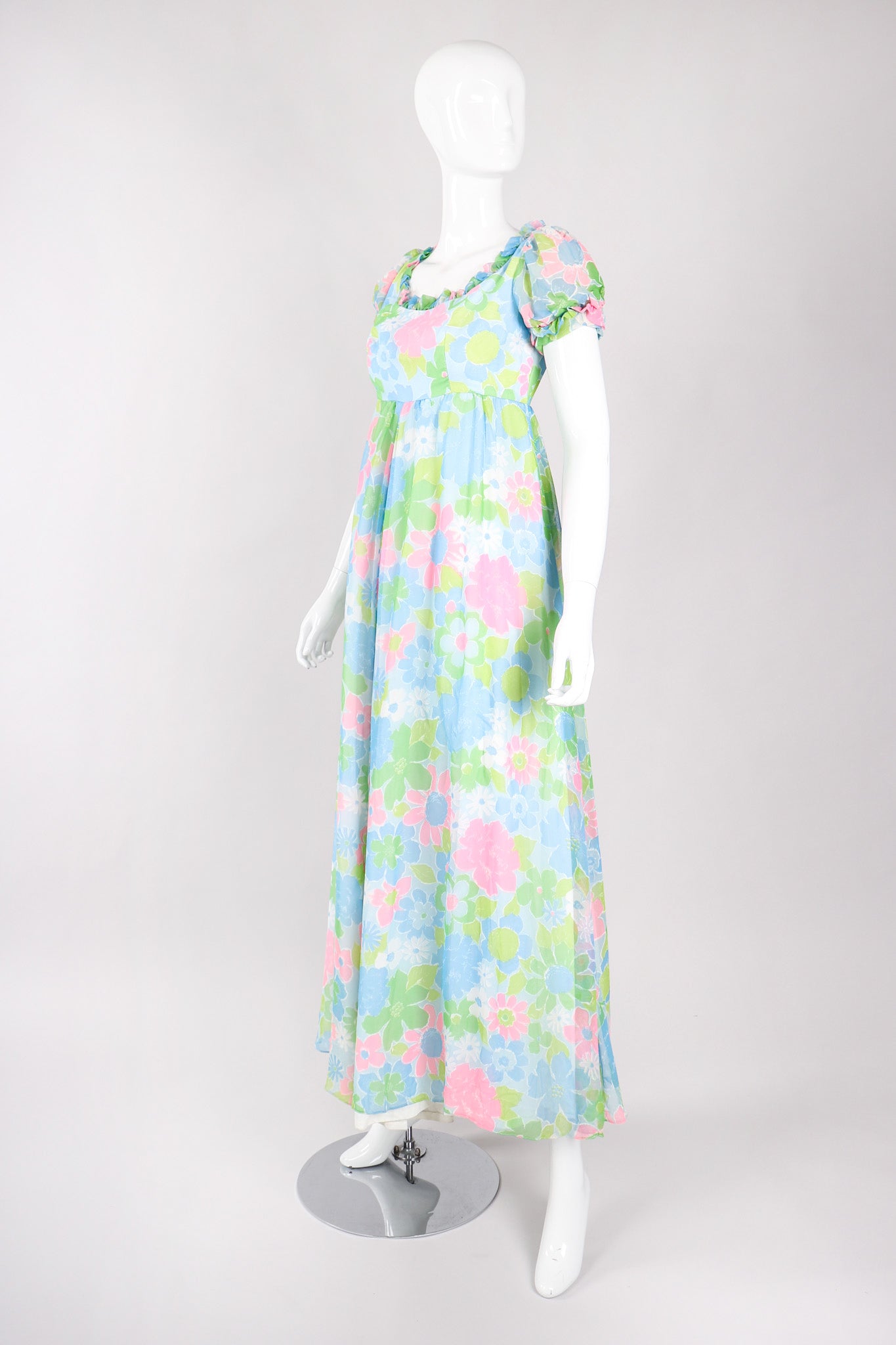 Recess Los Angeles Vintage Neon Blue Floral Chiffon Wide Leg Jumpsuit