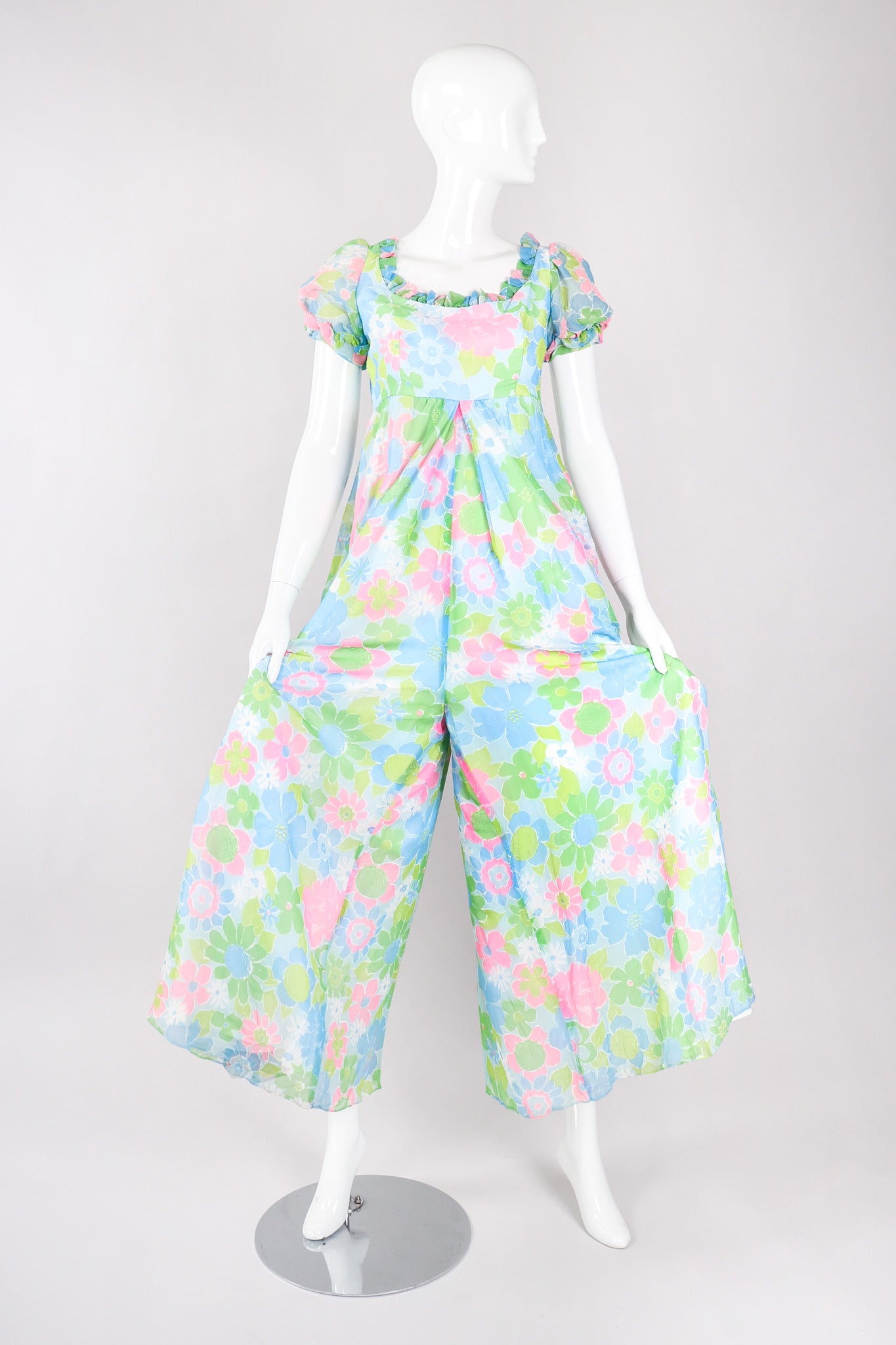 Recess Los Angeles Vintage Neon Blue Floral Chiffon Wide Leg Jumpsuit
