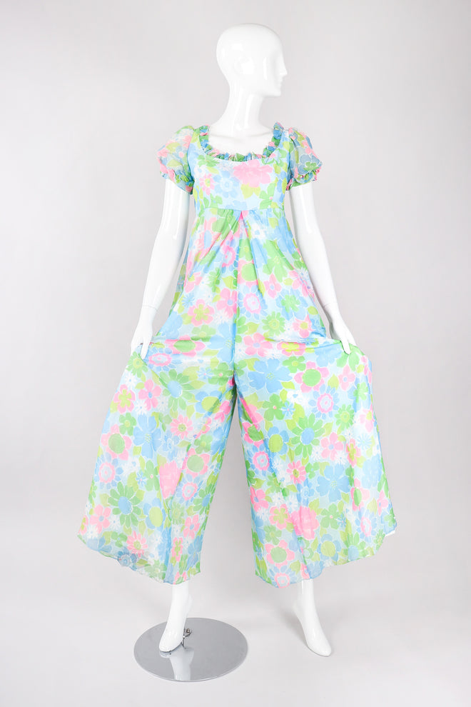 Recess Los Angeles Vintage Neon Blue Floral Chiffon Wide Leg Jumpsuit